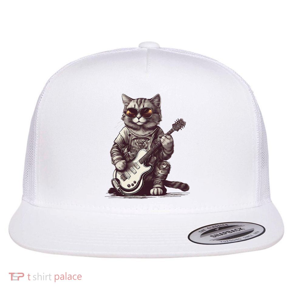 Cool Guitar Playing Cat with Glasses Band Rock Guitar Flatbill Hat
