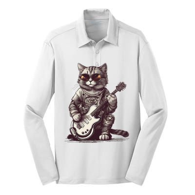 Cool Guitar Playing Cat with Glasses Band Rock Guitar Silk Touch Performance Long Sleeve Polo