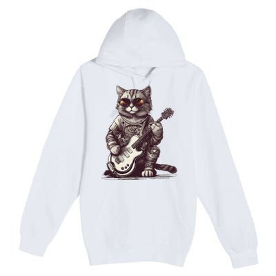 Cool Guitar Playing Cat with Glasses Band Rock Guitar Premium Pullover Hoodie