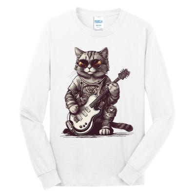 Cool Guitar Playing Cat with Glasses Band Rock Guitar Tall Long Sleeve T-Shirt