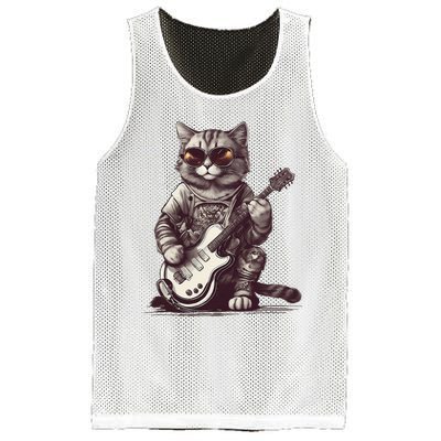 Cool Guitar Playing Cat with Glasses Band Rock Guitar Mesh Reversible Basketball Jersey Tank