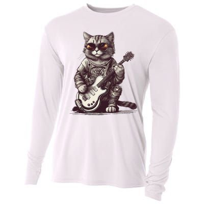 Cool Guitar Playing Cat with Glasses Band Rock Guitar Cooling Performance Long Sleeve Crew