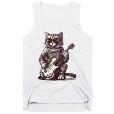 Cool Guitar Playing Cat with Glasses Band Rock Guitar Tank Top