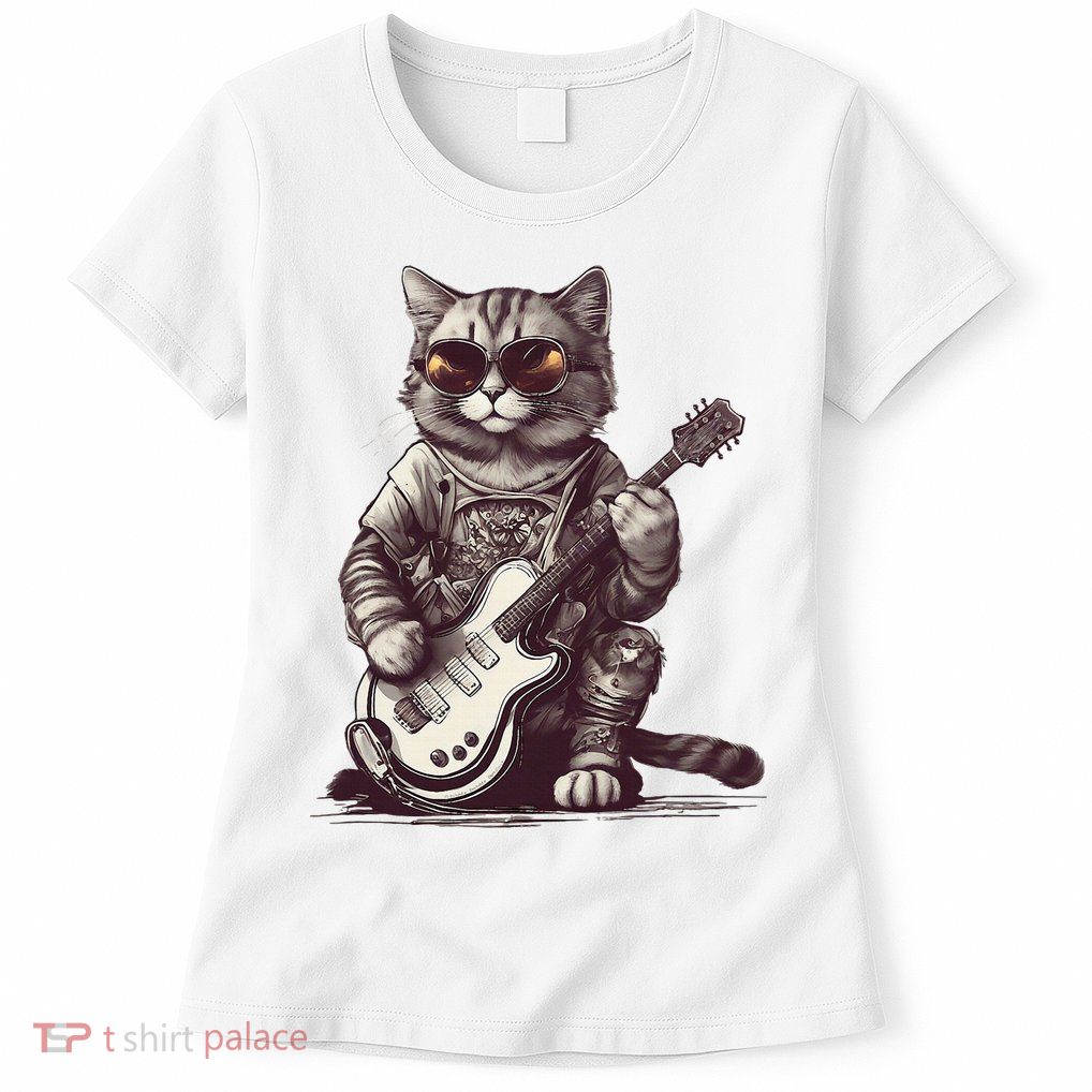 Cool Guitar Playing Cat with Glasses Band Rock Guitar Womens T-Shirt