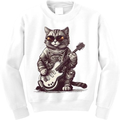 Cool Guitar Playing Cat with Glasses Band Rock Guitar Kids Sweatshirt