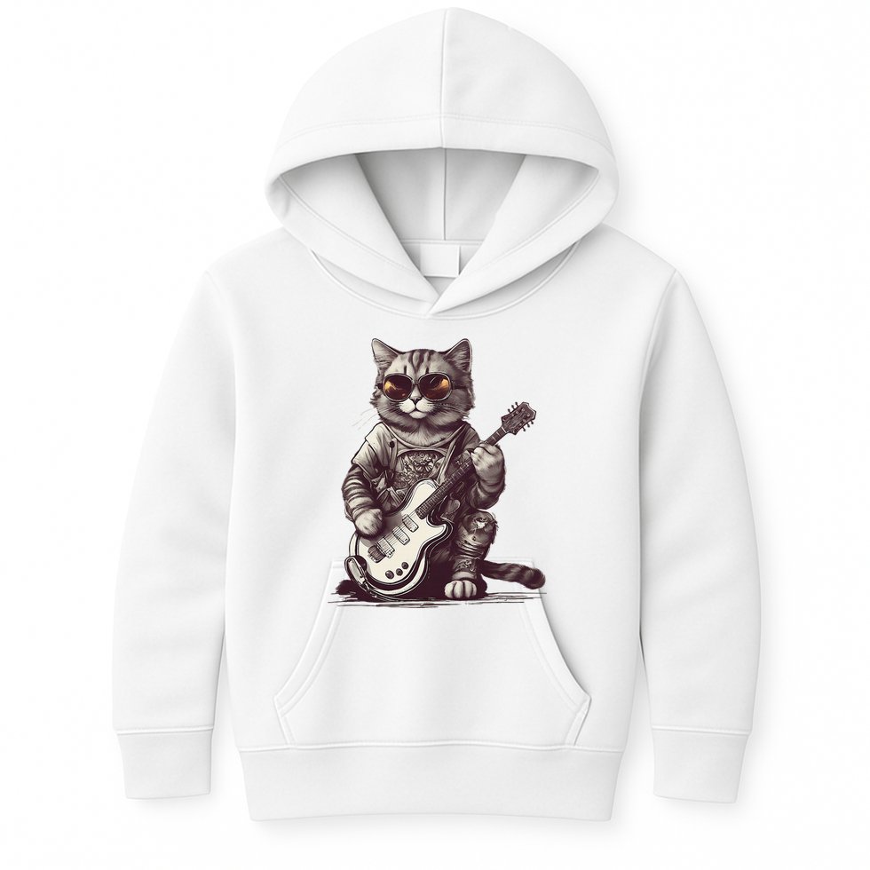 Cool Guitar Playing Cat with Glasses Band Rock Guitar Kids Hoodie