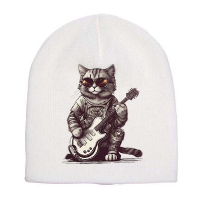 Cool Guitar Playing Cat with Glasses Band Rock Guitar Short Acrylic Beanie