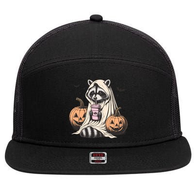 Cute Ghost Pumpkin Halloween Raccoon Costume Raccoon Lovers 7 Panel Mesh Trucker Snapback Hat