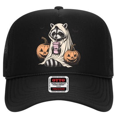 Cute Ghost Pumpkin Halloween Raccoon Costume Raccoon Lovers High Crown Mesh Back Trucker Hat