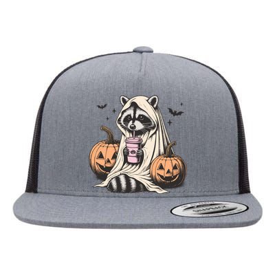 Cute Ghost Pumpkin Halloween Raccoon Costume Raccoon Lovers Flat Bill Trucker Hat