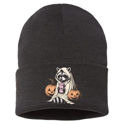 Cute Ghost Pumpkin Halloween Raccoon Costume Raccoon Lovers Sustainable Knit Beanie