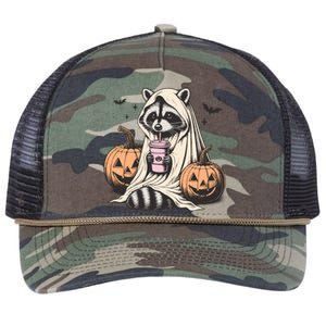 Cute Ghost Pumpkin Halloween Raccoon Costume Raccoon Lovers Retro Rope Trucker Hat Cap