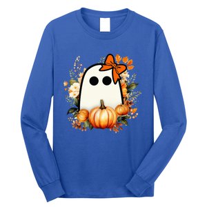 Cute Ghost Pumpkin Floral Groovy Halloween Ghost Fall Season Long Sleeve Shirt