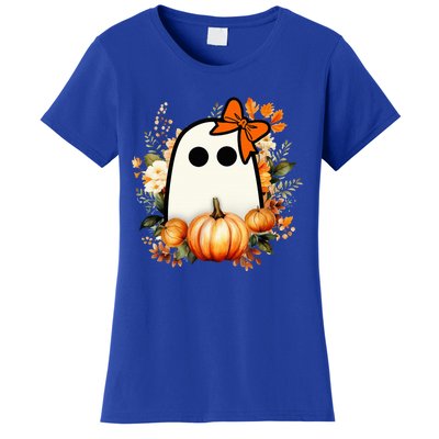 Cute Ghost Pumpkin Floral Groovy Halloween Ghost Fall Season Women's T-Shirt