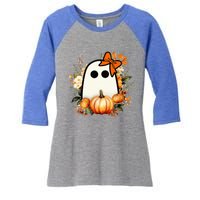 Cute Ghost Pumpkin Floral Groovy Halloween Ghost Fall Season Women's Tri-Blend 3/4-Sleeve Raglan Shirt