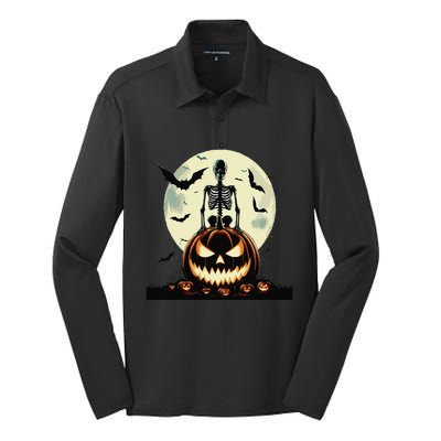 Cute Goth Pumpkin Head Skeleton For Autumn Lovers Silk Touch Performance Long Sleeve Polo