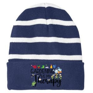 Cool Garden Plant Owner Gardening Is My Therapy Funny Saying Striped Beanie with Solid Band