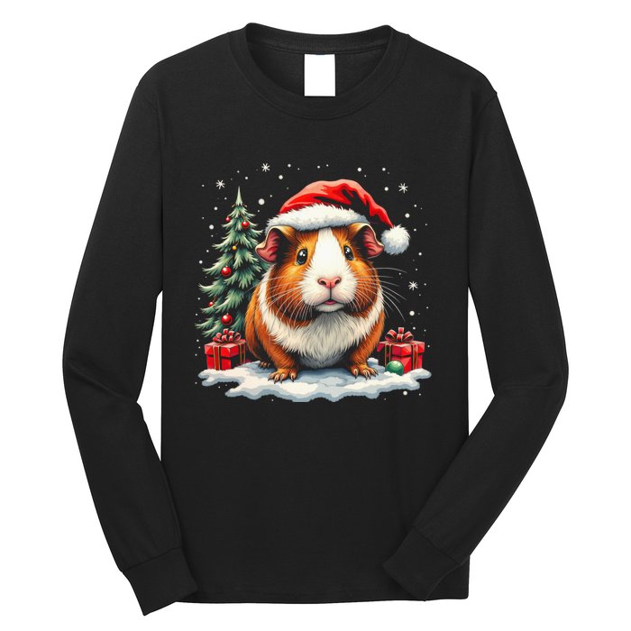 Cute Guinea Pig With Santa Hat And Snow Holiday Christmas Long Sleeve Shirt