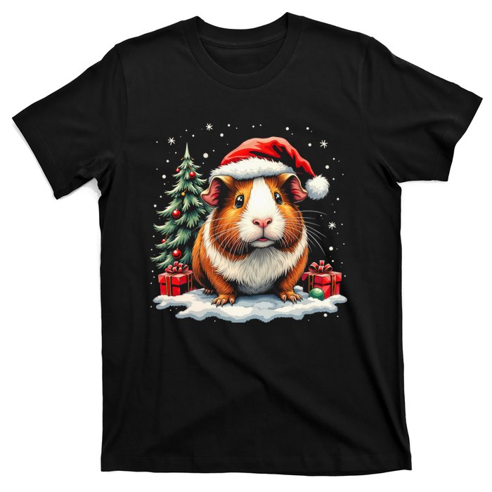 Cute Guinea Pig With Santa Hat And Snow Holiday Christmas T-Shirt