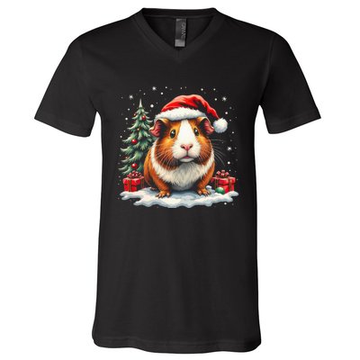 Cute Guinea Pig With Santa Hat And Snow Holiday Christmas V-Neck T-Shirt