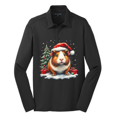 Cute Guinea Pig With Santa Hat And Snow Holiday Christmas Silk Touch Performance Long Sleeve Polo