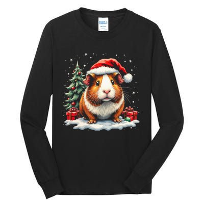 Cute Guinea Pig With Santa Hat And Snow Holiday Christmas Tall Long Sleeve T-Shirt