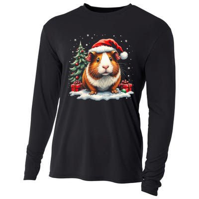 Cute Guinea Pig With Santa Hat And Snow Holiday Christmas Cooling Performance Long Sleeve Crew