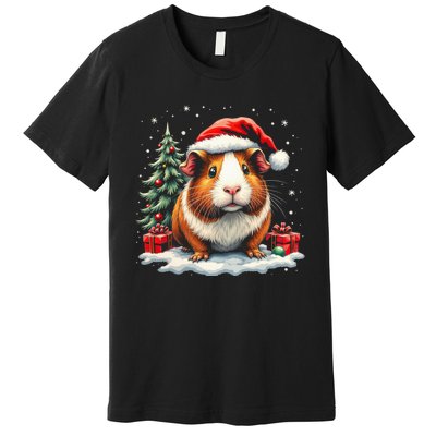 Cute Guinea Pig With Santa Hat And Snow Holiday Christmas Premium T-Shirt