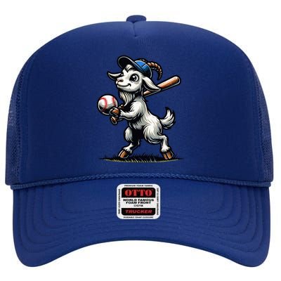 Cute Goat Playing Baseball High Crown Mesh Back Trucker Hat