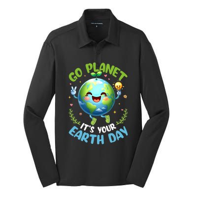 Cute Go Planet Its Your Earth Day 2024 Teacher Student Silk Touch Performance Long Sleeve Polo