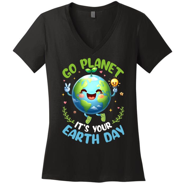 Cute Go Planet Its Your Earth Day 2024 Teacher Student Women's V-Neck T-Shirt