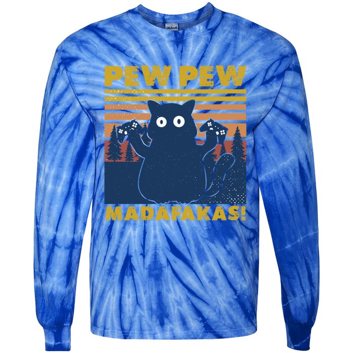 Cat Gaming Pew Pew Madafakas Vintage Gamepad Great Gift Tie-Dye Long Sleeve Shirt