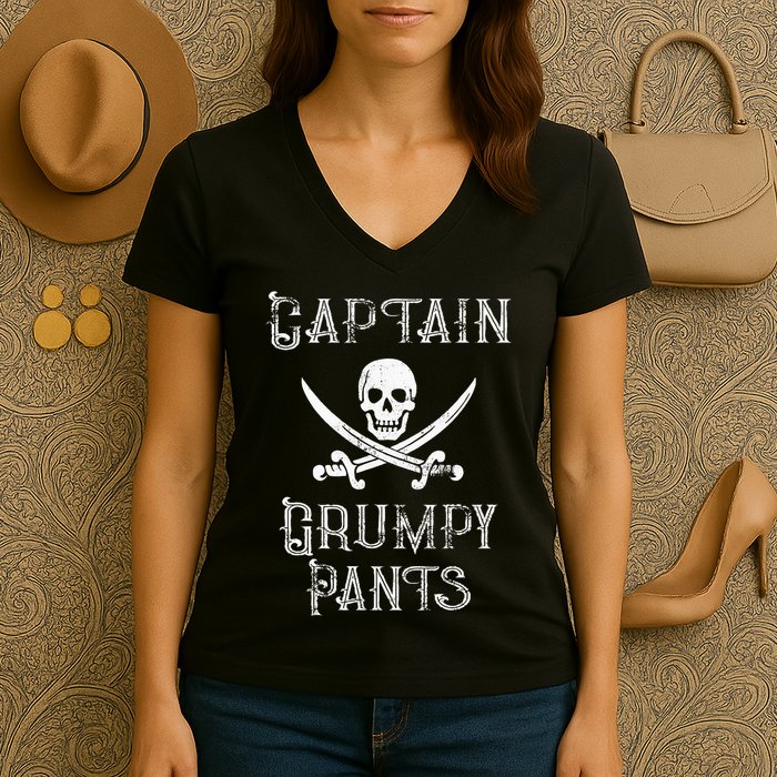 Captain Grumpy Pants Personalized Pirate Pontoon Women's V-Neck T-Shirt