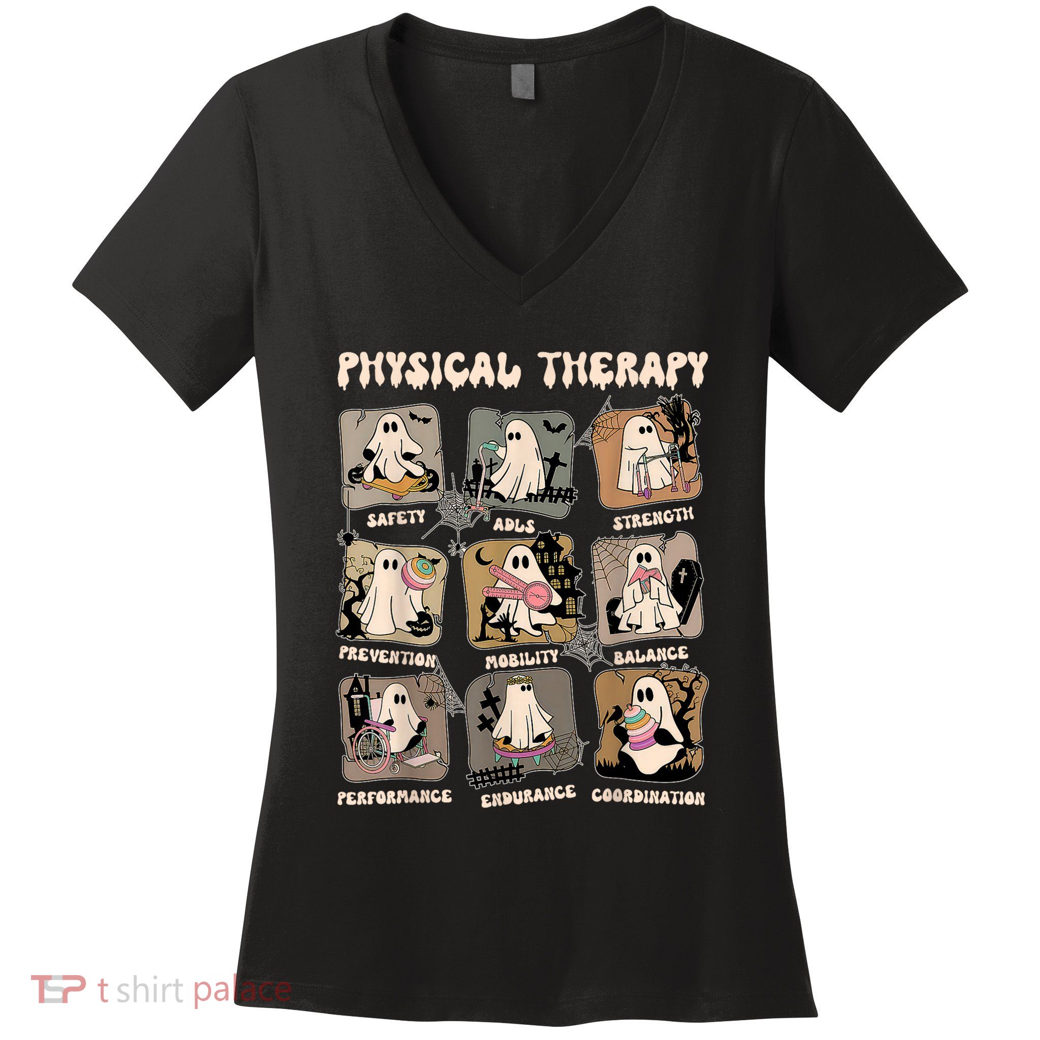 Cute Ghost Physical Therapy PT Physical Therapist Halloween Women's V-Neck T-Shirt