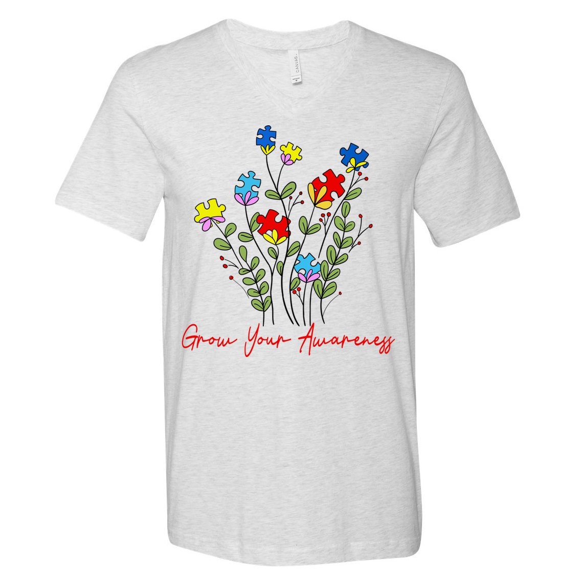 Cute Gift Puzzle Wildflower Grow Your Awareness Autism Awareness Month  V-Neck T-Shirt