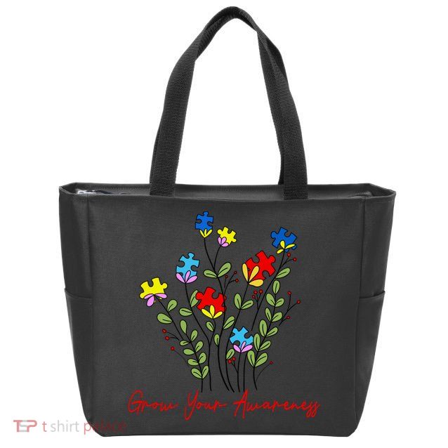 Cute Gift Puzzle Wildflower Grow Your Awareness Autism Awareness Month  Zip Tote Bag