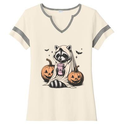 Cute Ghost Pumpkin Halloween Raccoon Costume Raccoon Lovers Ladies Halftime Notch Neck Tee