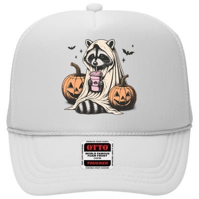 Cute Ghost Pumpkin Halloween Raccoon Costume Raccoon Lovers High Crown Mesh Back Trucker Hat