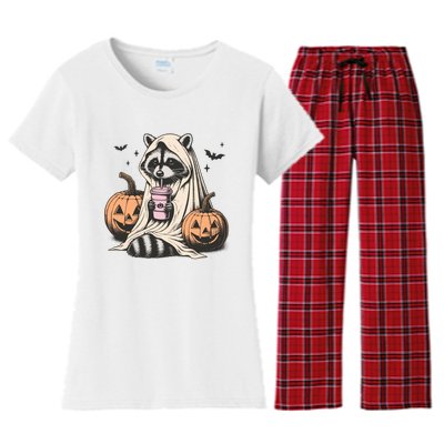 Cute Ghost Pumpkin Halloween Raccoon Costume Raccoon Lovers Women's Flannel Pajama Set