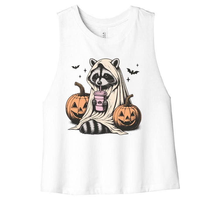 Cute Ghost Pumpkin Halloween Raccoon Costume Raccoon Lovers Women's Racerback Cropped Tank