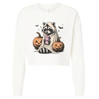 Cute Ghost Pumpkin Halloween Raccoon Costume Raccoon Lovers Cropped Pullover Crew