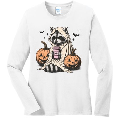 Cute Ghost Pumpkin Halloween Raccoon Costume Raccoon Lovers Ladies Long Sleeve Shirt