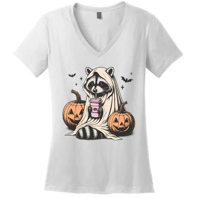 Cute Ghost Pumpkin Halloween Raccoon Costume Raccoon Lovers Women's V-Neck T-Shirt