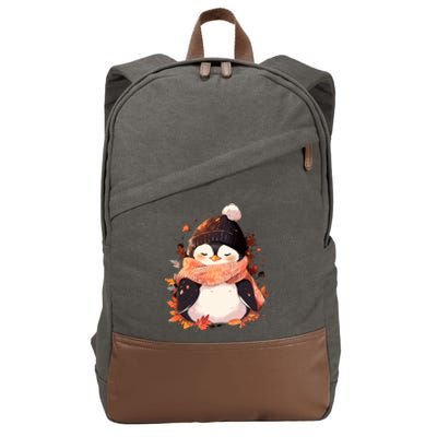 Cute Gift Penguin Autumn Fall Leaves Thanksgiving Cotton Canvas Backpack