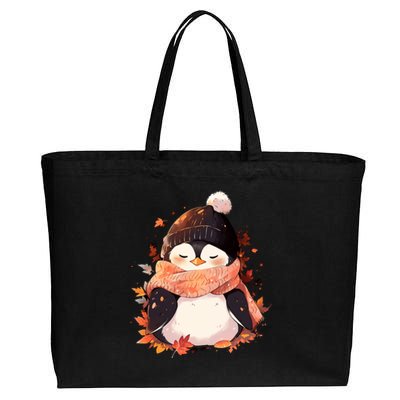 Cute Gift Penguin Autumn Fall Leaves Thanksgiving Cotton Canvas Jumbo Tote