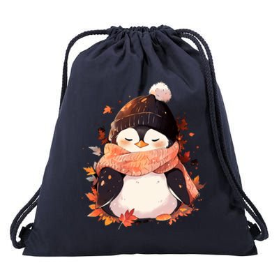 Cute Gift Penguin Autumn Fall Leaves Thanksgiving Drawstring Bag