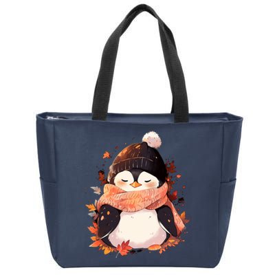 Cute Gift Penguin Autumn Fall Leaves Thanksgiving Zip Tote Bag