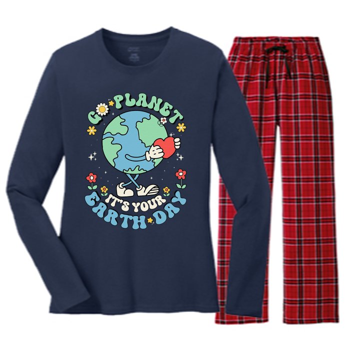 Cute Go Planet Its Your Earth Day 2024 Teacher Groovy Women's Long Sleeve Flannel Pajama Set 