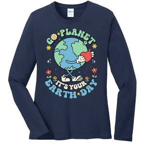 Cute Go Planet Its Your Earth Day 2024 Teacher Groovy Ladies Long Sleeve Shirt