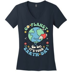 Cute Go Planet Its Your Earth Day 2024 Teacher Groovy Women's V-Neck T-Shirt